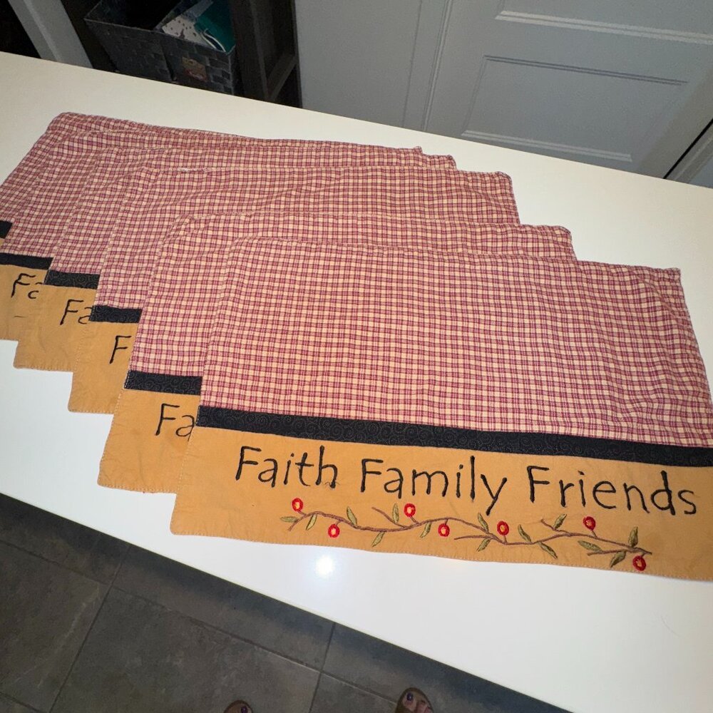6 Fabric Placemats Checkered Embroidery Faith Family Friends Tan Red Black